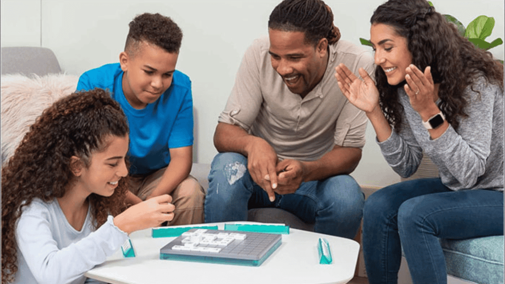 Family playing classic board games