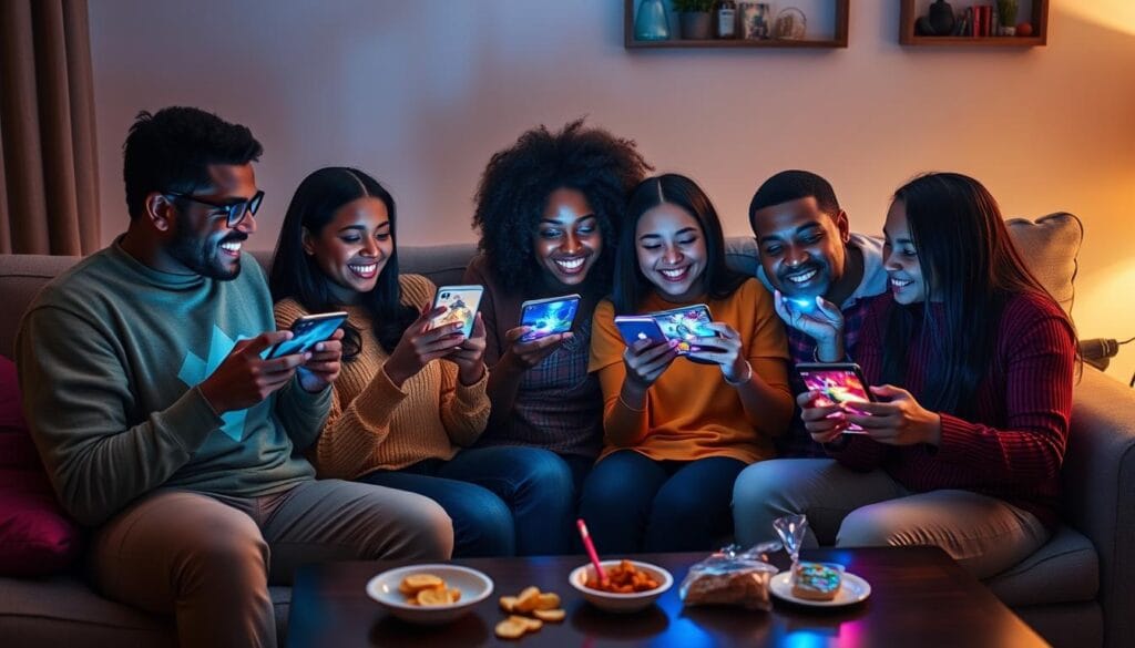 Friends playing collaborative phone game apps together