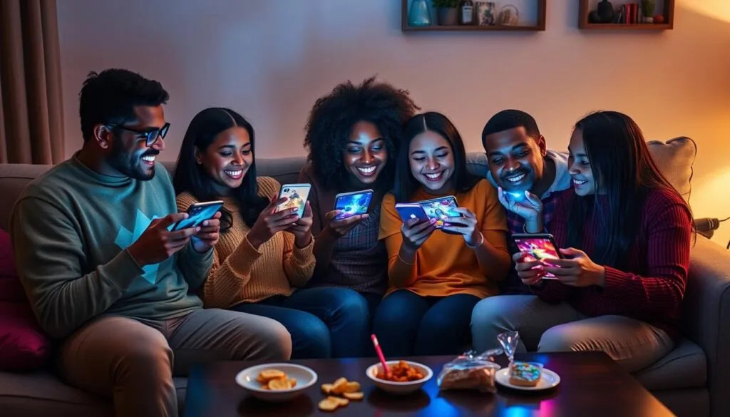 Friends playing collaborative phone game apps together Friends playing collaborative phone game apps together