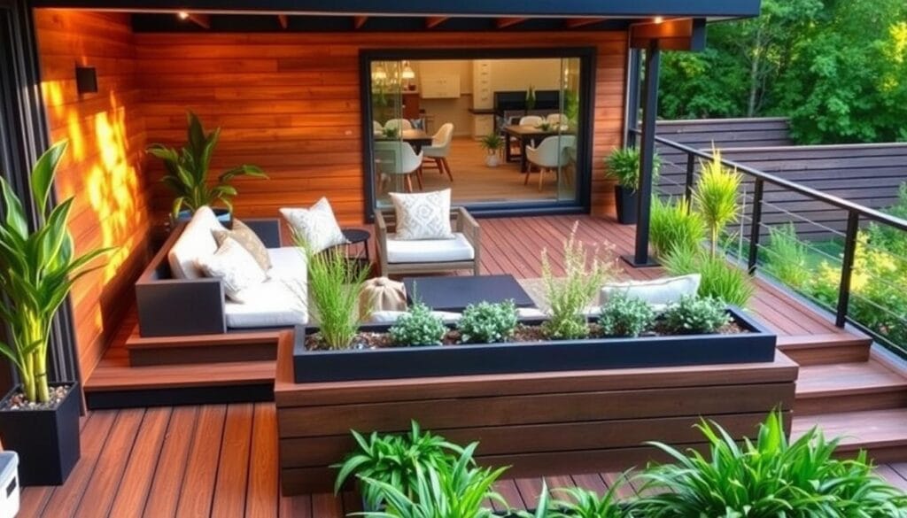 Innovative deck design with built-in seating and planters