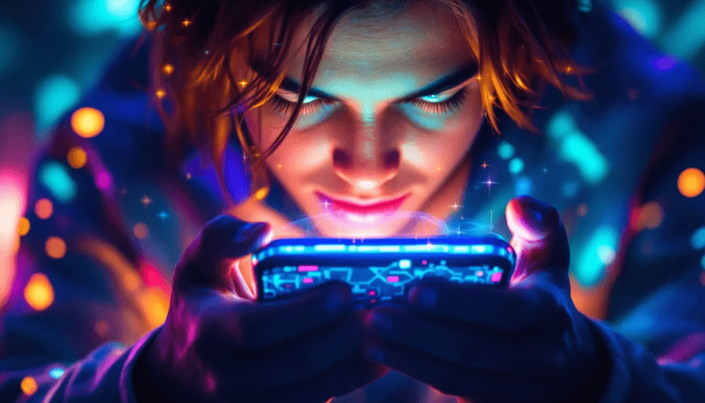 A person strategizing while playing a tech mobile game on their palm.