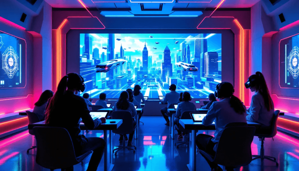 A classroom setting where students are engaged in gamified learning.