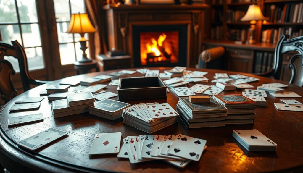 A cozy card table set with a scattered array of classic card games - solitaire, rummy, gin rummy, and poker - all rendered in a detailed, photorealistic style. The table is illuminated by a warm, ambient lighting that creates a nostalgic, timeless atmosphere. The cards themselves are crisp and tactile, inviting the player to pick them up and start dealing. In the background, bookshelves and a fireplace create a comfortable, study-like setting, evoking the feeling of a genteel, old-world parlor. The entire scene is captured from a slightly elevated, three-quarter angle, giving a sense of depth and inviting the viewer to join the game.