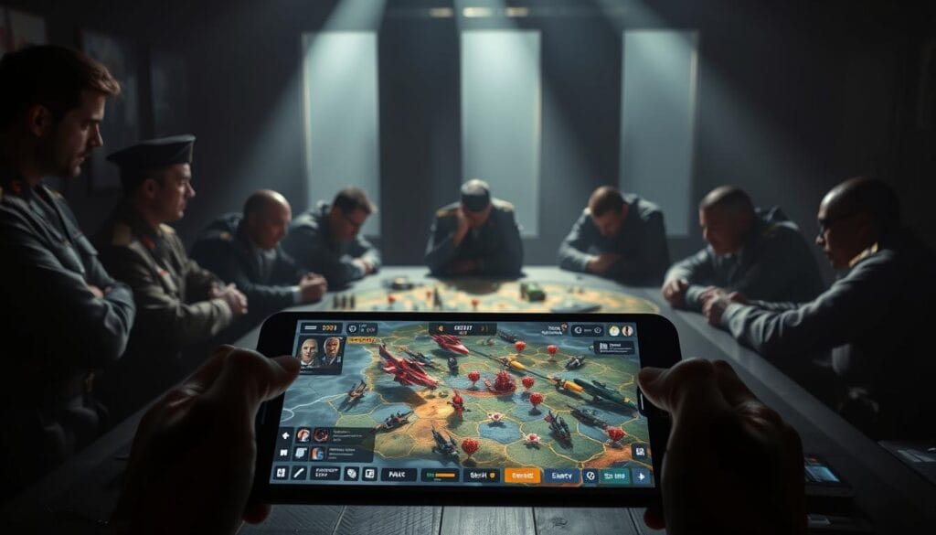 A meticulously crafted mobile game design scene, showcasing a vibrant, futuristic interface. In the foreground, a developer's workspace with an array of digital tools, including a tablet, stylus, and a minimalist, high-resolution display. The middle ground features a wireframe model of a mobile game, its intricate layers and mechanics visible. The background is a sleek, tech-inspired environment, with subtle lighting effects that create a sense of depth and sophistication. The overall mood is one of focused creativity, innovation, and the intersection of art and technology.