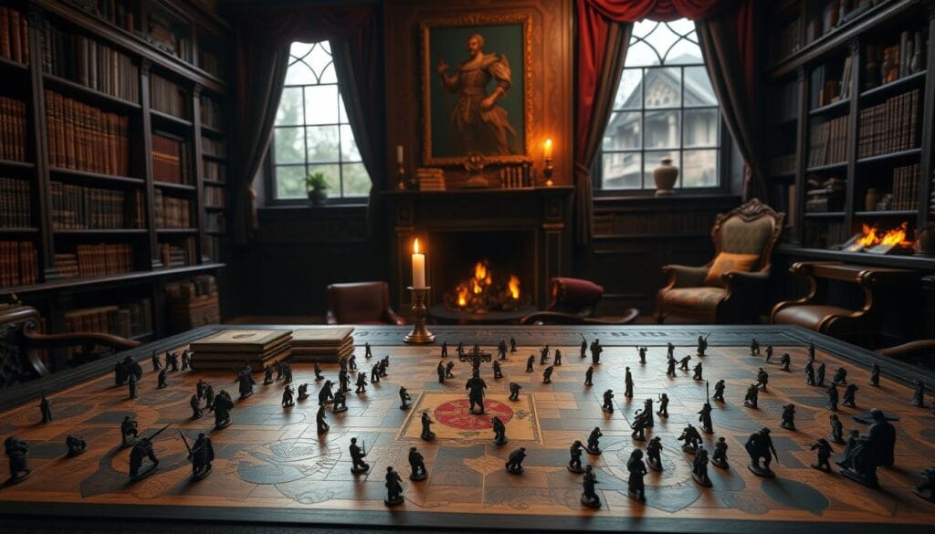 A grand strategy game tableau set in a dimly lit, ornate study. In the foreground, a meticulously crafted game board with miniature figurines representing armies and resources. The middle ground features a large, heavy wooden table with shelves of leather-bound books and a single lit candle casting a warm glow. The background showcases a richly appointed room with bookshelves, a crackling fireplace, and lush, velvet-draped windows. The overall atmosphere is one of deep contemplation, calculated decision-making, and the thrill of outmaneuvering one's opponent.