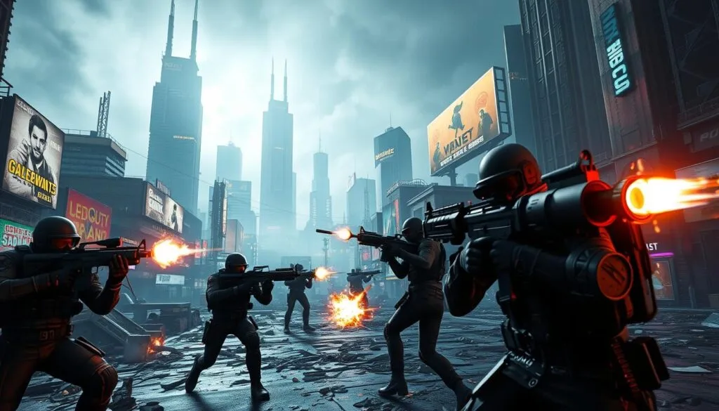 A high-intensity shooter battle royale set in a futuristic, neon-lit cityscape. In the foreground, heavily-armed players engage in a fierce firefight, their weapons blazing as they dodge and weave through the urban landscape. The middle ground features a mix of towering skyscrapers, neon-lit billboards, and the debris of past battles. The background is shrouded in an ominous haze, creating a sense of tension and uncertainty. The lighting is dramatic, with sharp shadows and bursts of muzzle flashes illuminating the scene. The camera angle is slightly elevated, providing a dynamic, cinematic perspective on the action-packed gameplay.