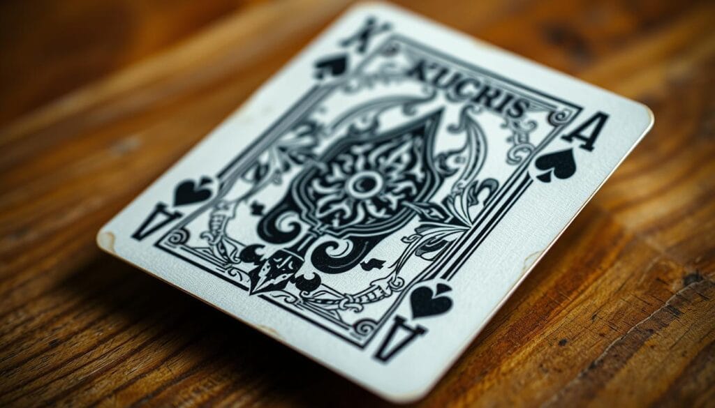 A high-quality, detailed image of a playing card, shot from an angle that highlights its intricate design and texture. The card should have a classic, vintage appearance, with rich, saturated colors and a slight vignette effect to create a sense of depth and atmosphere. The background should be slightly blurred, with subtle hints of a wooden table or surface, creating a warm, cozy setting that complements the card's aesthetic. Lighting should be soft and natural, casting gentle shadows and highlights across the card's surface to accentuate its depth and three-dimensionality. The overall mood should be one of thoughtful contemplation, inviting the viewer to explore the card's intricate details and appreciate the craftsmanship.