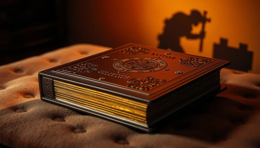 A high-quality, luxurious collector's edition video game guide book, showcasing a masterfully crafted hard cover with intricate, embossed designs. The book rests on a plush, velvet-like surface, illuminated by warm, directional lighting that casts subtle shadows, highlighting the tactile, premium quality of the materials. In the background, a blurred silhouette of a beloved video game character or iconic in-game item creates a sense of immersion and nostalgia for the game's world. The overall composition and lighting evoke a sense of exclusivity, attention to detail, and a reverence for the medium of video game collectibles. A high-quality, luxurious collector's edition video game guide book, showcasing a masterfully crafted hard cover with intricate, embossed designs. The book rests on a plush, velvet-like surface, illuminated by warm, directional lighting that casts subtle shadows, highlighting the tactile, premium quality of the materials. In the background, a blurred silhouette of a beloved video game character or iconic in-game item creates a sense of immersion and nostalgia for the game's world. The overall composition and lighting evoke a sense of exclusivity, attention to detail, and a reverence for the medium of video game collectibles.