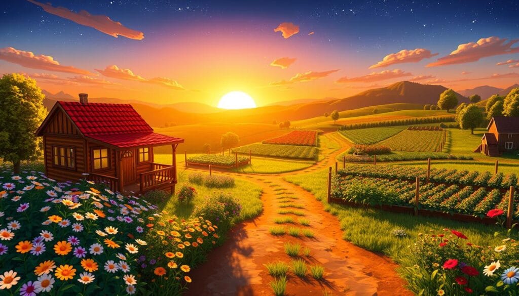 A lush, vibrant landscape from the beloved farming simulation game Stardew Valley. In the foreground, a quaint wooden cottage nestled amidst a field of blooming wildflowers, its charming porch and red-tiled roof basking in the warm, golden glow of the sun. In the middle ground, a winding dirt path leads towards a thriving community garden, where rows of colorful crops sway gently in the breeze. In the background, the rolling hills of the Stardew Valley are silhouetted against a breathtaking sunset sky, dotted with twinkling stars. The scene exudes a sense of peaceful tranquility, inviting the viewer to step into this idyllic rural haven and immerse themselves in the simple pleasures of an offline gaming experience.