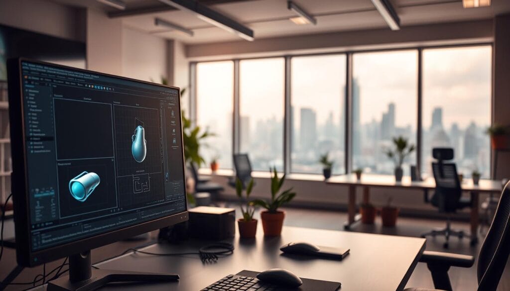 A modern game development studio setting, showcasing a thoughtful selection of game engines. In the foreground, a developer's desk features a sleek, high-resolution display showcasing a 3D game engine interface, with wireframes and shaders visible. Surrounding the desk, a well-lit, minimalist workspace with potted plants and ergonomic furniture. In the background, large windows offer a view of a bustling city skyline, evoking a sense of creativity and inspiration. Soft, diffused lighting casts a warm glow, creating an atmosphere of focus and productivity. The scene conveys the careful consideration and technical expertise required when choosing the right game engine for a mobile game project.