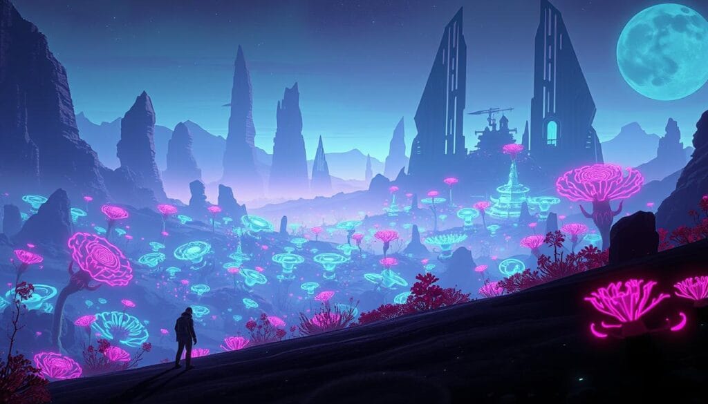 A retro-futuristic landscape of the Axiom Verge universe. In the foreground, a lone figure navigates a glitched, neon-soaked environment, their silhouette casting long shadows. The middle ground reveals a sprawling biome filled with strange, otherworldly flora and fauna, pulsing with a bioluminescent glow. In the distance, looming edifices of a lost civilization rise up, their angular, geometric forms casting an ominous presence. The scene is bathed in a cool, atmospheric lighting, creating a sense of mystery and unease. Cinematic depth of field and a wide-angle lens capture the grand scale and alien wonder of this retro-future sci-fi world.
