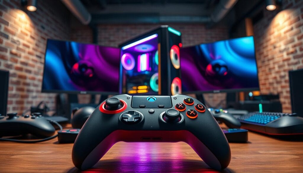 A sleek and modern gaming setup with a central gaming controller in the foreground, surrounded by various input devices and peripherals. The controller is backlit with a soft, warm glow, highlighting its intricate buttons and joysticks. In the middle ground, a high-end gaming PC towers with its RGB-illuminated case, flanked by a pair of large, high-resolution monitors. The background features a minimalist, industrial-inspired setting with exposed brick walls and subtle lighting, creating a cozy and immersive atmosphere for the gaming experience.