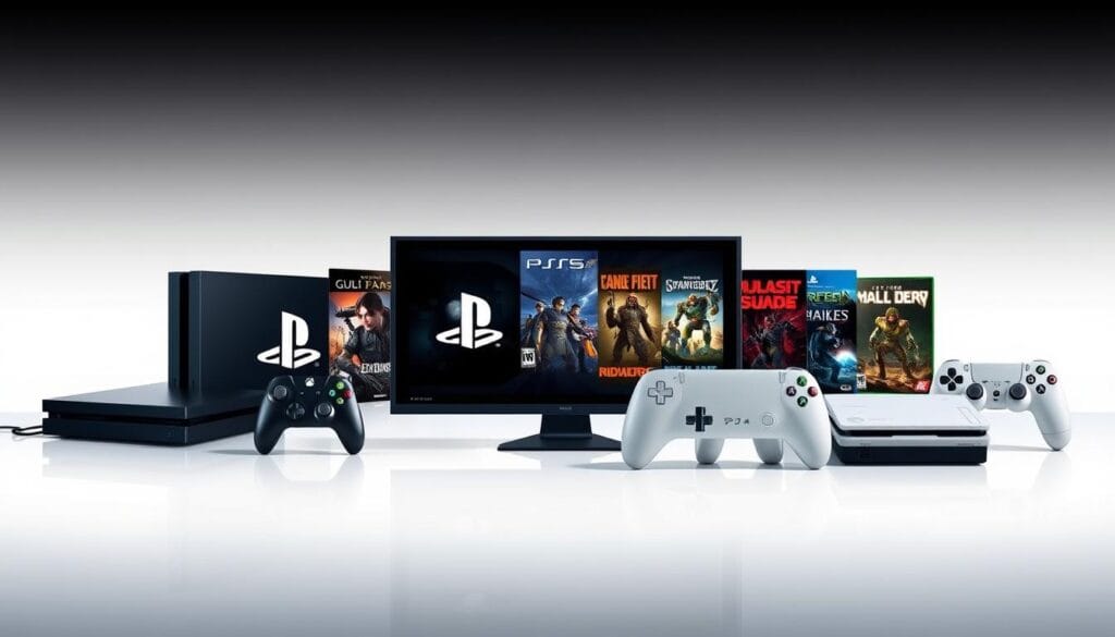 A sleek, modern platform interface with various console icons and logos prominently displayed. The foreground features a clean, minimalist design with crisp shadows and highlights, emphasizing the platforms' visual appeal. The middle ground showcases a diverse array of popular game titles, their covers and artwork subtly integrated into the scene. In the background, a subtle gradient or abstract pattern provides a cohesive and visually engaging backdrop, evoking a sense of technological advancement and digital entertainment. The overall mood is one of sophistication, accessibility, and a celebration of the rich Metroidvania gaming landscape across multiple platforms.