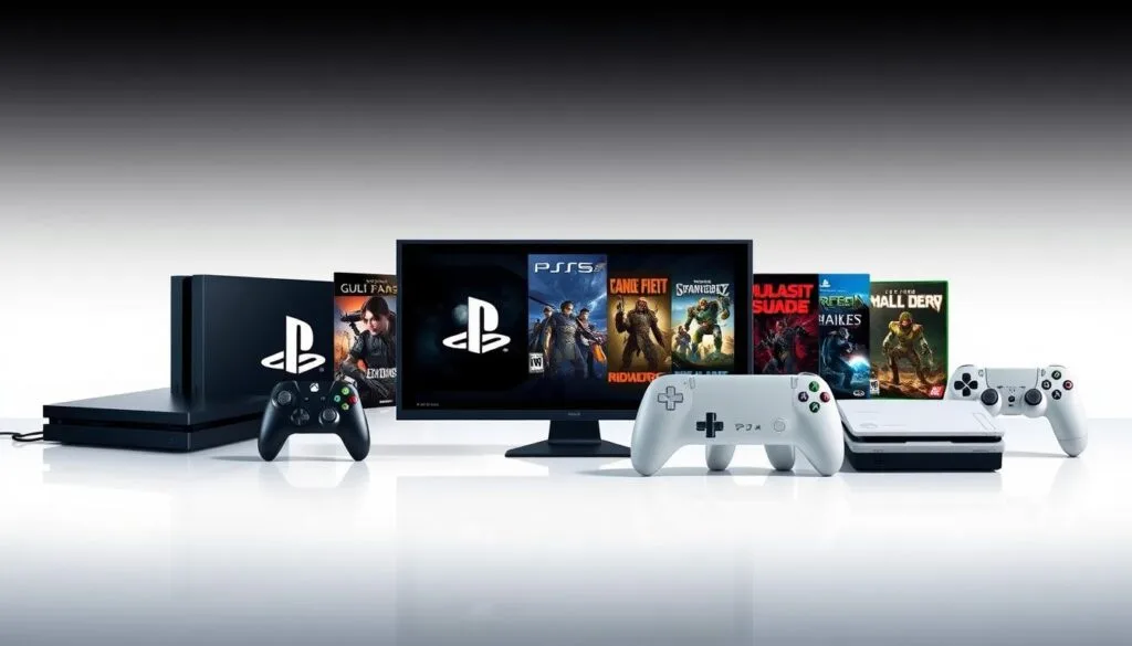 A sleek, modern platform interface with various console icons and logos prominently displayed. The foreground features a clean, minimalist design with crisp shadows and highlights, emphasizing the platforms' visual appeal. The middle ground showcases a diverse array of popular game titles, their covers and artwork subtly integrated into the scene. In the background, a subtle gradient or abstract pattern provides a cohesive and visually engaging backdrop, evoking a sense of technological advancement and digital entertainment. The overall mood is one of sophistication, accessibility, and a celebration of the rich Metroidvania gaming landscape across multiple platforms.
