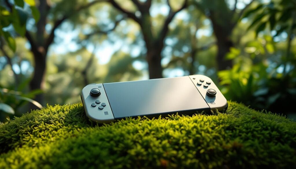 A sleek, portable Nintendo Switch console resting on a plush, emerald-green moss bed, surrounded by lush, verdant foliage. The device's smooth, metallic shell gleams softly under a warm, diffused lighting, casting gentle shadows that accentuate its elegant curves. In the background, towering trees reach skyward, their canopies filtering sunlight into a serene, dappled glow. The overall scene evokes a sense of tranquility and adventure, inviting the viewer to embark on an immersive gaming odyssey within this picturesque, portable world.