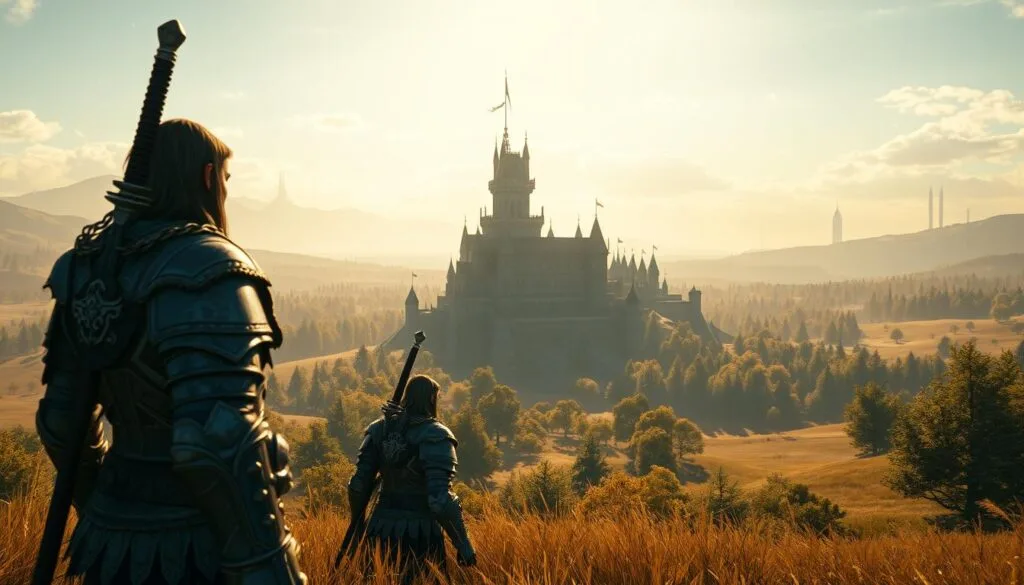 A stunning, high-resolution landscape showcasing the grand, open-world of Elden Ring. In the foreground, the Tarnished protagonist stands resolute, their armor gleaming in the warm, golden light. The middle ground is dominated by the majestic, multi-tiered castle of Stormveil, its towers reaching towards the heavens. In the background, the Lands Between unfold, with rolling hills, dense forests, and the distant silhouettes of towering, awe-inspiring monuments. The scene is bathed in a soft, cinematic lighting, creating an atmosphere of epic grandeur and adventure. The camera angle is slightly elevated, allowing the viewer to fully take in the scale and splendor of this modern, FromSoftware masterpiece. A stunning, high-resolution landscape showcasing the grand, open-world of Elden Ring. In the foreground, the Tarnished protagonist stands resolute, their armor gleaming in the warm, golden light. The middle ground is dominated by the majestic, multi-tiered castle of Stormveil, its towers reaching towards the heavens. In the background, the Lands Between unfold, with rolling hills, dense forests, and the distant silhouettes of towering, awe-inspiring monuments. The scene is bathed in a soft, cinematic lighting, creating an atmosphere of epic grandeur and adventure. The camera angle is slightly elevated, allowing the viewer to fully take in the scale and splendor of this modern, FromSoftware masterpiece.