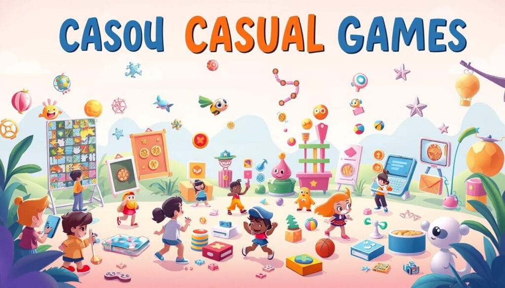 A vibrant and dynamic scene depicting the world of casual games. In the foreground, a group of playful characters engaged in a variety of casual game activities, such as puzzle-solving, rhythm-based tapping, and casual puzzle-platforming. The middle ground features a diverse array of game icons, power-ups, and interactive elements, creating a sense of immersion and interactivity. The background showcases a stylized, minimalist landscape with soft lighting and pastel hues, setting a relaxed and approachable tone. The overall composition conveys the casual, accessible, and endlessly entertaining nature of the mobile gaming landscape.