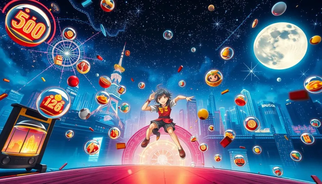 A vibrant, anime-inspired gacha game scene with a dynamic foreground. In the center, a character in a colorful, expressive pose, surrounded by a whirlwind of magical gacha capsules and sparkling particle effects. The middle ground features a detailed, futuristic cityscape with neon-lit skyscrapers and holograms. The background is a vast, starry night sky with glowing nebulae and a full moon, creating a sense of cosmic wonder. The lighting is dramatic, with warm hues and dramatic shadows, evoking a sense of excitement and anticipation. The camera angle is slightly low, adding a sense of grandeur to the composition.