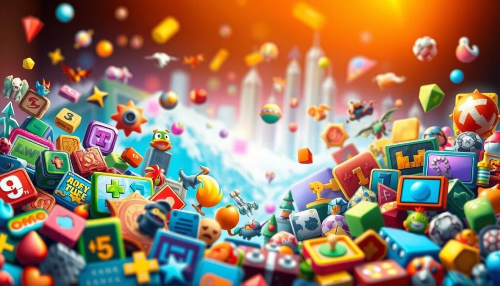 A vibrant, detailed illustration of various mobile game genres, captured with a crisp, high-resolution lens. In the foreground, a diverse array of game icons and symbols - arcade, puzzle, RPG, strategy, and more - arranged in a visually striking composition. The middle ground features dynamic, colorful shapes and patterns, suggesting the energy and diversity of the mobile gaming landscape. In the background, a subtly blurred cityscape or digital landscape, hinting at the ubiquity and integration of mobile games in our modern, tech-driven world. The lighting is warm and inviting, creating a sense of excitement and potential. The overall mood is one of exploration, discovery, and the thrill of the mobile gaming experience.