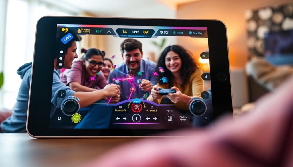 A vibrant, immersive multiplayer game view on an iPad screen. In the foreground, a group of friends collaboratively engaged in a colorful, dynamic gaming session, their expressions animated with excitement. The middle ground showcases the game's intricate user interface, with intuitive controls and a visually striking aesthetic. In the background, a softly blurred, modern living room setting provides a cozy, relaxed atmosphere, evoking the comfortable, social experience of playing together. Warm, diffused lighting casts a gentle glow, enhancing the sense of camaraderie. The entire scene is captured with a shallow depth of field, drawing the viewer's attention to the collaborative gaming experience at the heart of the composition.