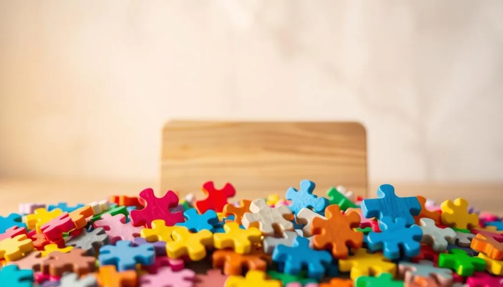 A whimsical and colorful puzzle scene, set against a soft, blurred background. In the foreground, an assortment of puzzle pieces in various shapes and vibrant hues, arranged in a playful, jumbled manner, inviting the viewer to explore and assemble them. The middle ground features a simple, yet elegant wooden puzzle board, its natural grain adding a touch of warmth and tactility. Overhead, a warm, diffused lighting casts gentle shadows, creating a cozy, inviting atmosphere. The overall composition conveys a sense of playfulness, challenge, and the satisfying experience of solving a puzzle, perfect for a casual, quick-play session.