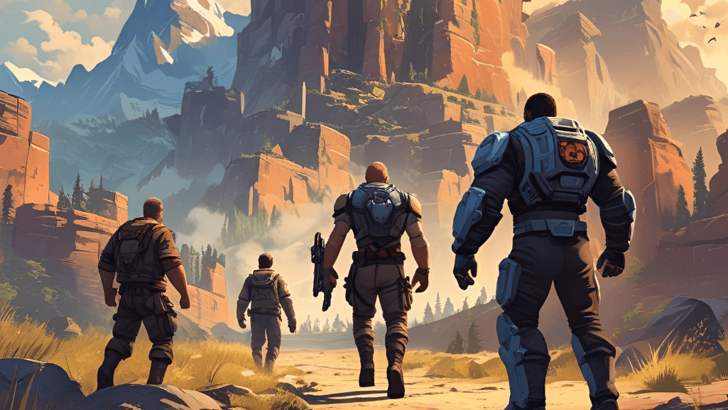 An action-packed adventure game set in a vast, mysterious world. In the foreground, a rugged, determined protagonist wielding a powerful sword and shield, ready to face any challenge. In the middle ground, towering ancient ruins and crumbling structures, hinting at a rich, untold history. The background is a sweeping landscape of rolling hills, dense forests, and jagged mountain peaks, bathed in warm, golden light. The scene is infused with a sense of adventure, exploration, and the thrill of the unknown, inviting the viewer to embark on an immersive journey of discovery and heroic deeds.