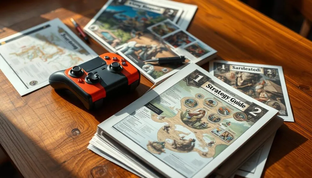 Prompt A high-quality strategy guide resting on a wooden table, with a vibrant game console controller and a variety of game maps, character illustrations, and walkthrough notes sprawled around it. The guide is bound in a premium material, with a detailed cover showcasing key characters and locations from the game. Soft, directional lighting illuminates the scene, casting warm hues and deep shadows to accentuate the textures and details. The overall mood is one of careful planning, immersive gameplay, and a sense of adventure about to unfold. Prompt A high-quality strategy guide resting on a wooden table, with a vibrant game console controller and a variety of game maps, character illustrations, and walkthrough notes sprawled around it. The guide is bound in a premium material, with a detailed cover showcasing key characters and locations from the game. Soft, directional lighting illuminates the scene, casting warm hues and deep shadows to accentuate the textures and details. The overall mood is one of careful planning, immersive gameplay, and a sense of adventure about to unfold.