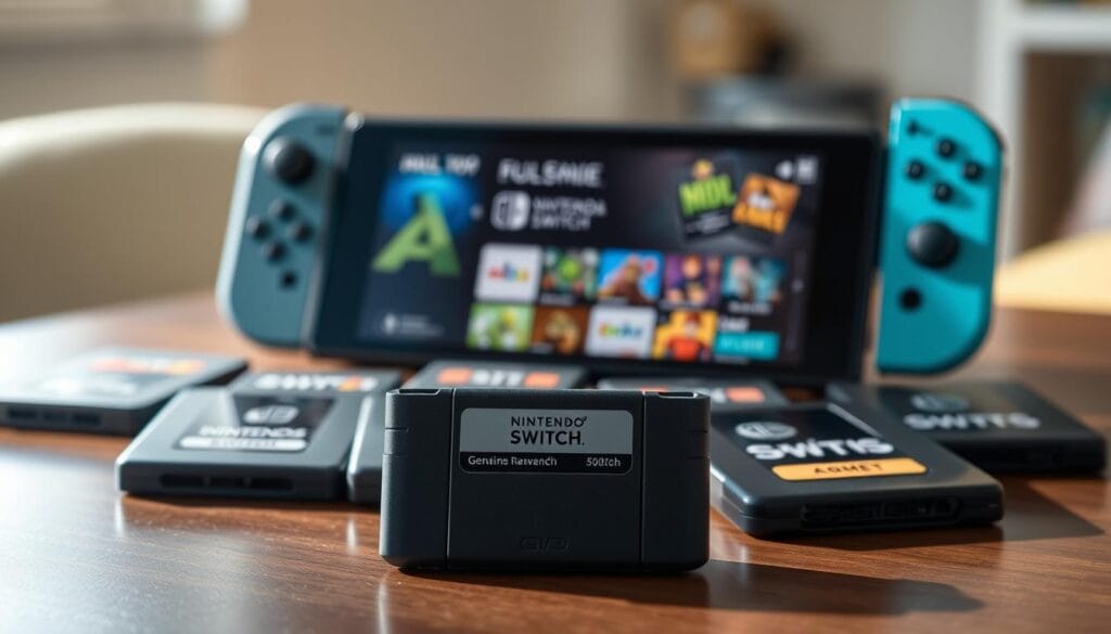 A brightly lit, high-resolution photograph of a tabletop setting showcasing various video game cartridges. In the foreground, a genuine Nintendo Switch cartridge sits prominently, surrounded by a collection of questionable off-brand alternatives. The middle ground features a smartphone displaying an app store, highlighting the importance of verifying game authenticity. The background subtly blurs, drawing the viewer's attention to the central message: the need to discern legitimate games from knockoffs. Soft, natural lighting casts an inviting atmosphere, emphasizing the joy of secure gaming experiences.