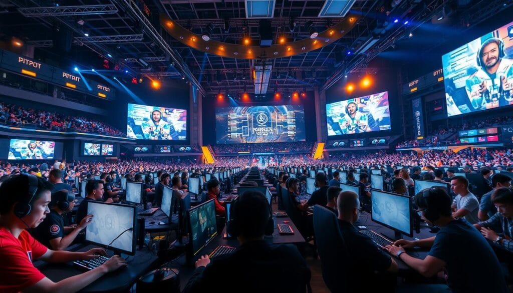 A bustling esports arena filled with vibrant lights and eager spectators. In the foreground, a large stage showcases professional gamers engaged in an intense tournament, their faces intense with concentration. The middle ground features rows of gaming stations where amateur players compete, their fingers flying across keyboards. In the background, giant screens display the tournament brackets, leaderboards, and instant replay footage, creating an immersive, high-energy atmosphere. The lighting is a balanced mix of warm spotlights and cool ambient illumination, capturing the excitement and tension of the perfect game tournaments of 2024.