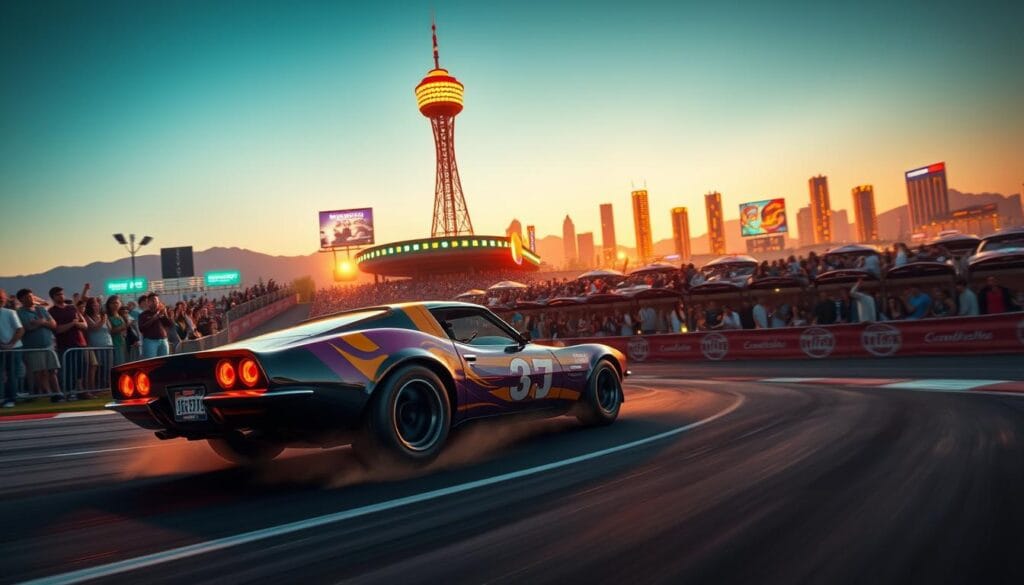 A classic arcade racing scene, captured in vivid detail. In the foreground, a sleek, low-slung sports car with a vibrant, eye-catching paint job races down a winding track, its tires kicking up dust and its engine roaring with power. The middle ground is filled with a bustling crowd of spectators, their faces alight with excitement as they cheer on the drivers. In the background, a towering grandstand and neon-lit city skyline set the stage, bathed in the warm glow of golden-hour sunlight. The scene exudes a sense of speed, energy, and the timeless thrill of classic arcade racing.