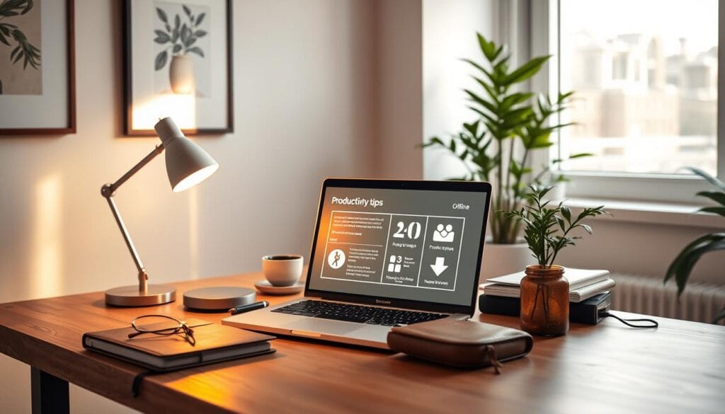 A cozy and minimalist home office scene, bathed in warm, natural lighting from a large window. On the desk, a laptop in "offline mode" with a glowing display showcasing productivity tips and icons. Surrounding the laptop, an assortment of analog tools - a leather-bound notebook, a vintage desk lamp, and a potted plant, creating a harmonious balance between digital and physical. The walls feature simple, tasteful artwork, and a houseplant in the corner, conveying a sense of productivity and focus. The overall atmosphere is one of calm, efficiency, and a appreciation for both high-tech and low-tech solutions.