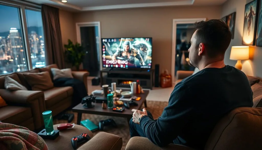 A cozy living room with a large flatscreen TV, surrounded by comfortable couches and armchairs. On the coffee table, various snacks, beverages, and gaming controllers are scattered, indicating a long gaming session in progress. The room is bathed in a warm, ambient lighting, creating a relaxed and immersive atmosphere. In the foreground, a player is engrossed in an epic RPG game, their eyes fixed on the screen, their expression one of deep concentration. Through the window, a nighttime cityscape can be seen, suggesting the passage of time and the dedication of the player to their long-play game marathon.