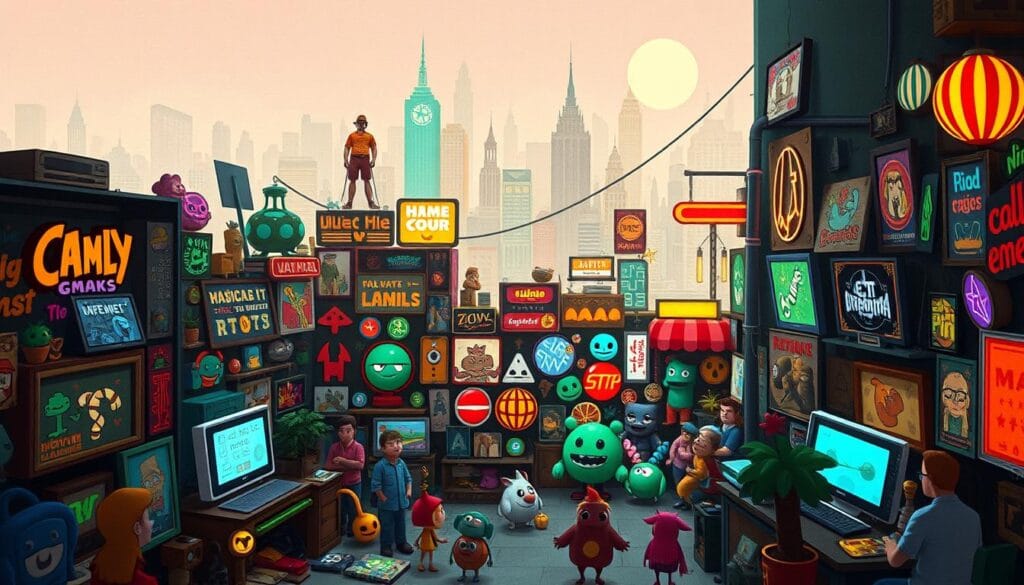 A cozy, vibrant indie game showcase in a warm, retro-inspired art style. In the foreground, a variety of quirky, hand-drawn characters interact with colorful, pixel-art style game scenes. The middle ground features a diverse array of indie game logos and icons, creating a mosaic of creativity. In the background, a neon-tinged cityscape with vintage-inspired architecture sets the mood, evoking a sense of exploration and discovery. Soft, diffused lighting casts a nostalgic glow, while a touch of film grain and color grading lend an authentic, independent aesthetic. The overall composition celebrates the charm, diversity, and passion of the indie game landscape.
