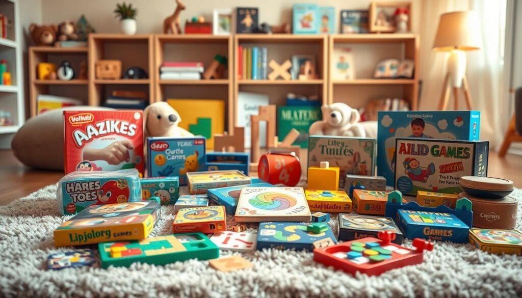 A cozy, vibrant scene depicting a variety of age-appropriate, kid-friendly games arranged in a visually appealing layout. In the foreground, a colorful assortment of classic board games, puzzles, and card games sit on a plush, textured rug. In the middle ground, wooden building blocks and stuffed animals create a playful, imaginative atmosphere. The background features a warm, softly lit room with shelves displaying educational toys and books, conveying a sense of nurturing, family-friendly environment. The lighting is natural and inviting, highlighting the textures and colors of the games and toys. The composition is balanced and visually striking, showcasing the diverse range of engaging, offline activities suitable for children of different ages.