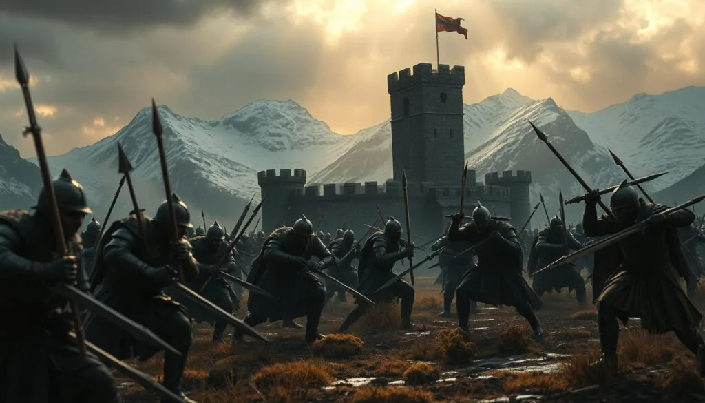 A detailed tactical battlefield scene set in a dark, moody fantasy landscape. In the foreground, a group of armored soldiers wielding swords, spears, and crossbows engage in close-quarters combat. Their movements are tense and precise, their expressions focused. In the middle ground, a fortified stone keep stands tall, its towers and battlements casting long shadows. The background is dominated by rugged, snow-capped mountains, their peaks obscured by swirling clouds. The lighting is dramatic, with shafts of golden light breaking through the overcast sky, illuminating the action below. The overall atmosphere is one of strategic tension and high-stakes decision-making.