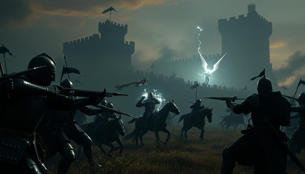 A dimly lit, medieval-inspired battlefield, with strategically positioned units engaged in a tense, tactical showdown. In the foreground, armored knights and archers take aim, their expressions steely and focused. In the middle ground, magical energy crackles as a sorcerer summons mystical forces. In the background, a sprawling fortress looms, its battlements casting long shadows across the scene. The lighting is dramatic, creating a moody atmosphere of high-stakes decision-making. The camera angle is slightly elevated, giving the viewer a sense of the grand scope of the tactical encounter.