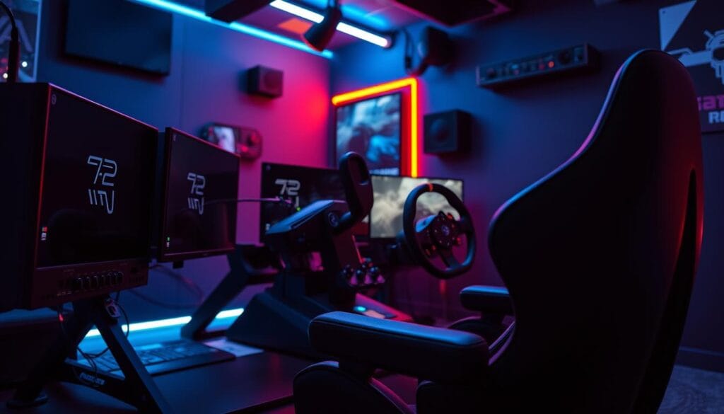 A dimly lit racing simulator setup, with a high-end gaming rig, steering wheel, and joystick controller. Vibrant neon racing-themed lighting accents the scene, creating a sense of speed and excitement. The room is bathed in a mix of cool blue and warm orange hues, mimicking the dynamic lighting commonly found in modern racing and flight simulation games. Detailed textures on the equipment convey a premium, cutting-edge aesthetic. The camera angle is slightly elevated, capturing the setup in a cinematic, immersive perspective that draws the viewer into the experience.