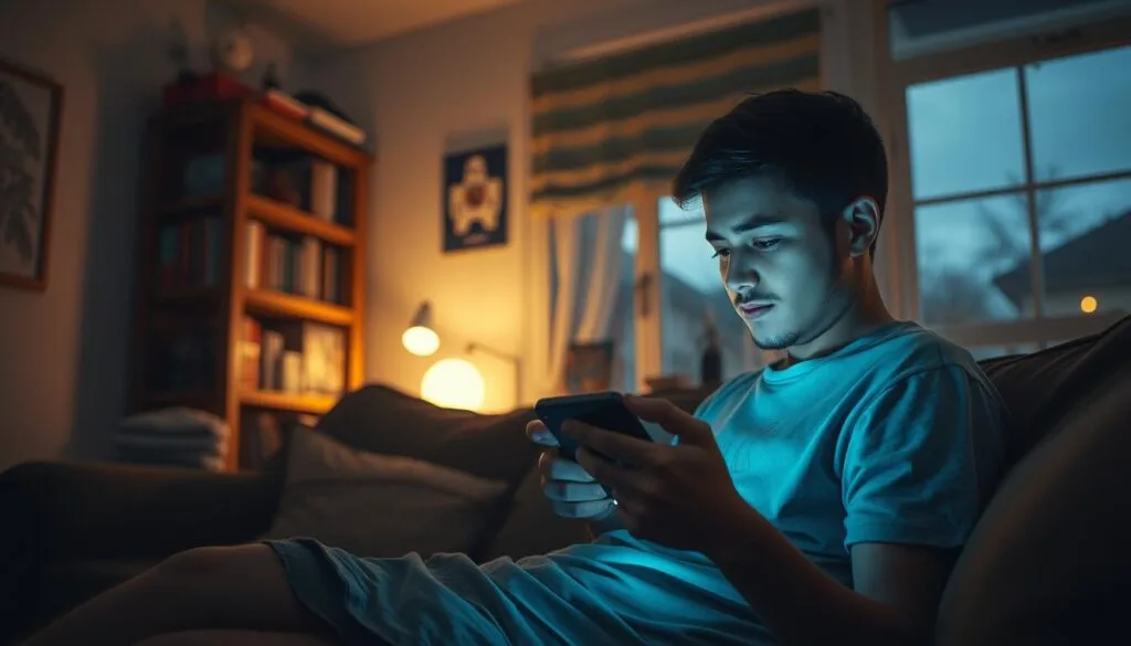A dimly lit room, a cozy couch, and a player immersed in a retro-styled mobile RPG on a handheld device. Soft, ambient lighting casts a warm glow, creating a serene and contemplative atmosphere. The player's face is illuminated by the screen, their expression one of rapt attention, lost in the captivating offline world. In the background, a bookshelf filled with classic gaming memorabilia and a window offering a glimpse of the outside world, hinting at the portability and versatility of this captivating gaming experience.