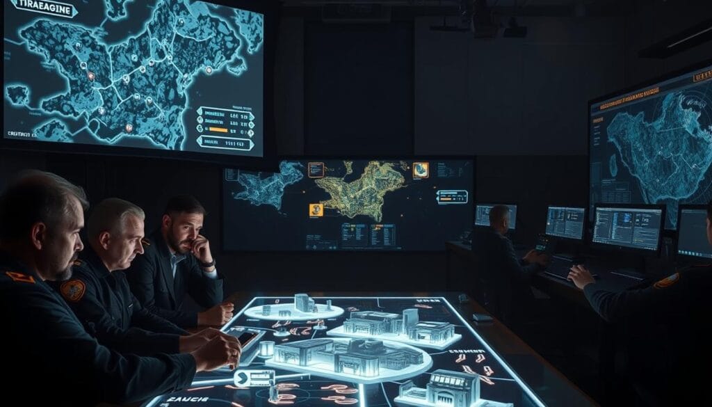 A dimly lit war room, illuminated by the glow of digital maps and tactical displays. In the foreground, military strategists pore over intricate plans, their faces cast in deep contemplation. Overhead, an expansive projection screen showcases the ebb and flow of a complex battlefield, with icons representing units and resources. The middle ground features a holographic table, its surface shimmering with 3D renderings of terrain and fortifications. In the background, a bank of high-tech consoles manned by analysts, their fingers flying across keyboards as they process streams of real-time data. The atmosphere is one of intense focus and strategic deliberation, capturing the essence of "strategy deep dives" in a mobile gaming context.