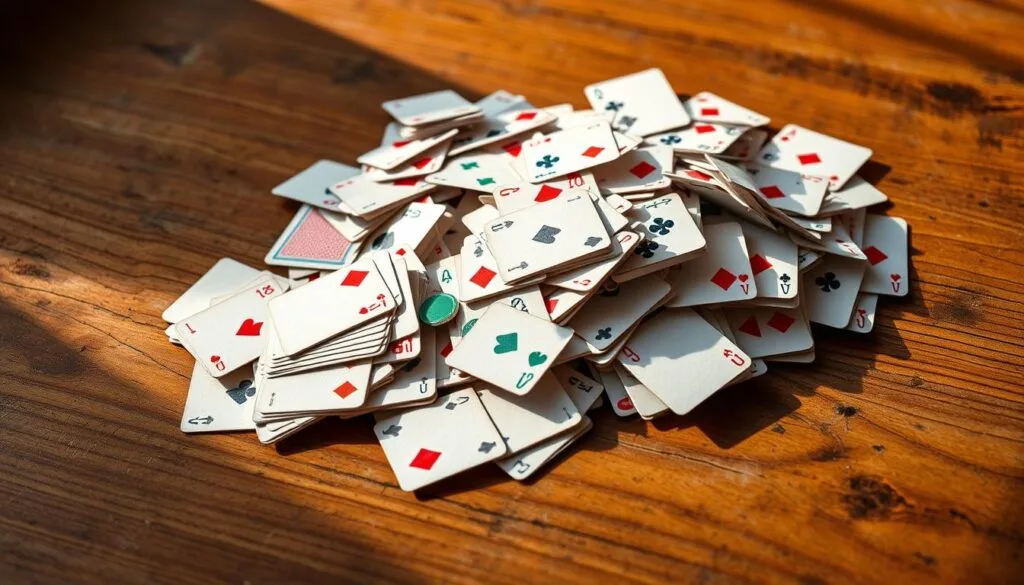 A discard pile of colorful playing cards, haphazardly arranged on a worn, wooden tabletop. The cards are a mix of standard golf game suits - spades, hearts, diamonds, and clubs - with some face cards and numbers visible. The lighting is warm and natural, casting soft shadows that accentuate the textures of the cards and table. The composition is slightly off-center, giving a sense of spontaneity and capturing the casual, mid-game feel of the scene. The atmosphere is cozy and inviting, conveying the spirit of a friendly golf card game in progress.