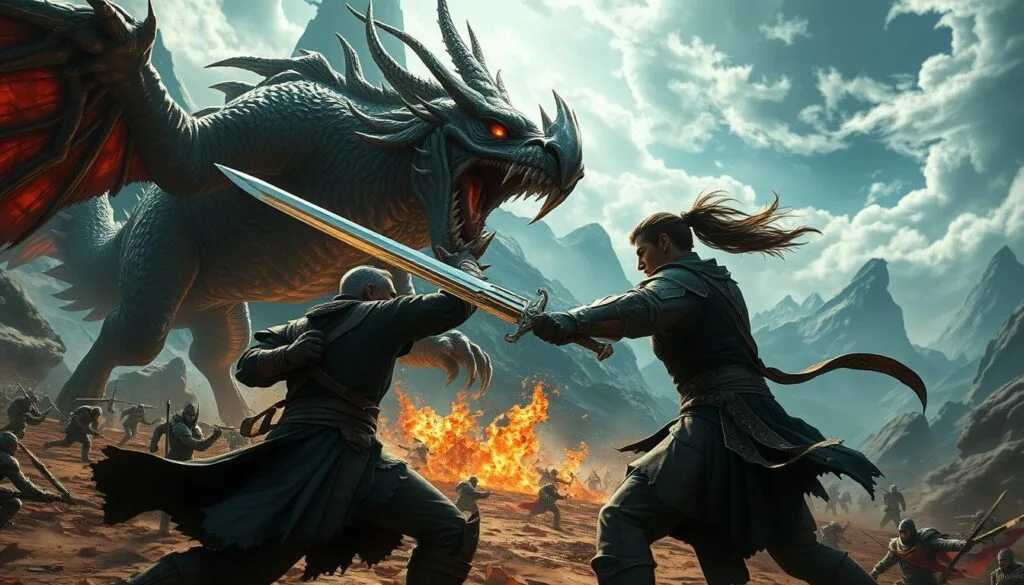 A dynamic fantasy battle scene, with a heroic warrior wielding a mighty sword, locked in intense combat with a ferocious mythical creature. The foreground captures the clash of steel, the warrior's intense expression, and the creature's fiery breath. The middle ground features a chaotic battlefield, with the warrior's allies rushing to provide support. The background is a vast, otherworldly landscape, with towering mountains, swirling clouds, and a dramatic lighting that casts long shadows, heightening the sense of drama and scale. The scene exudes a thrilling, cinematic atmosphere, perfectly capturing the high-octane action of an immersive RPG adventure.