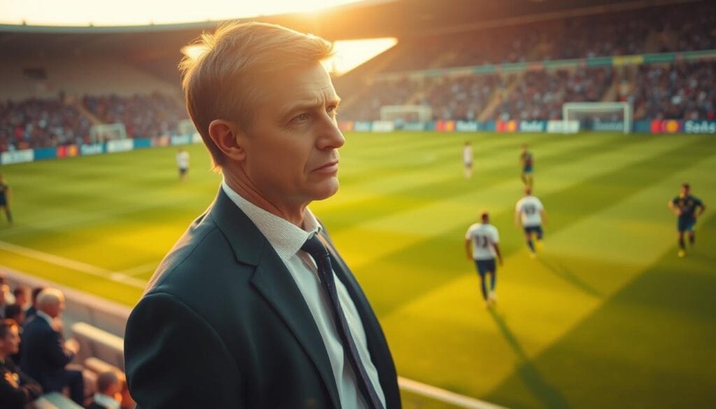 A football manager in a crisp, tailored suit stands on the sidelines of a lush, green football pitch, their gaze intense as they study the match unfolding before them. The warm, golden evening light casts a soft glow over the scene, illuminating the manager's determined expression and the players' movements on the field. In the background, the stadium's grand, sweeping architecture frames the action, hinting at the high-stakes nature of the game. The image conveys the strategic focus, passion, and immersion of a football manager guiding their team to victory.