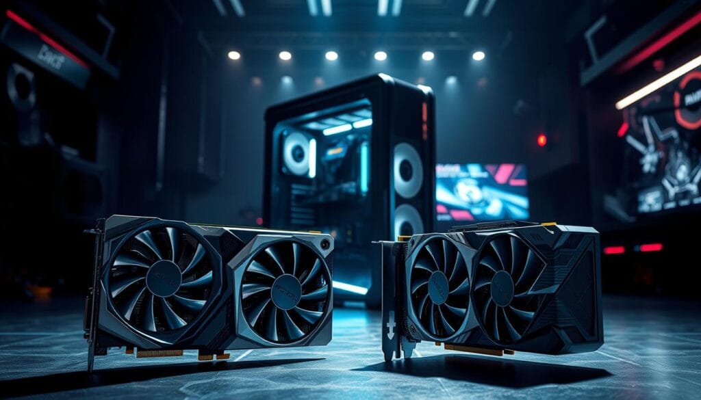 A futuristic scene depicting the most powerful graphics hardware contenders. In the foreground, a trio of sleek, cutting-edge GPUs stand tall, their metallic facets gleaming under dramatic studio lighting. The middle ground showcases a cutting-edge PC tower, its components arranged in a visually striking layout, hinting at the immense processing power within. In the background, a shadowy, high-tech environment sets the stage, with hints of advanced displays and cutting-edge technology. The overall atmosphere exudes a sense of raw power and technological supremacy, capturing the essence of the most graphic-intensive game contenders.