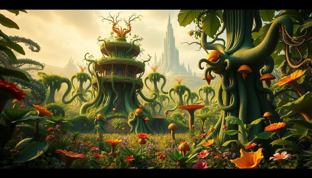 A lush, verdant tower defense game set in a vibrant fantasy world. Majestic, sentient plants stand tall, their vines and tendrils coiling and striking at encroaching enemies. In the foreground, a player's strategic outpost, adorned with intricate botanical defenses, towers over the battlefield. The middle ground is a riot of exotic foliage, flowers, and fungi, each with unique abilities to aid the player's cause. In the distance, a mysterious, towering structure looms, its purpose and origins shrouded in mystery. Warm, golden lighting bathes the scene, creating an immersive, whimsical atmosphere. Captured through a wide-angle lens, the image conveys the scale and grandeur of this botanical battle for supremacy.