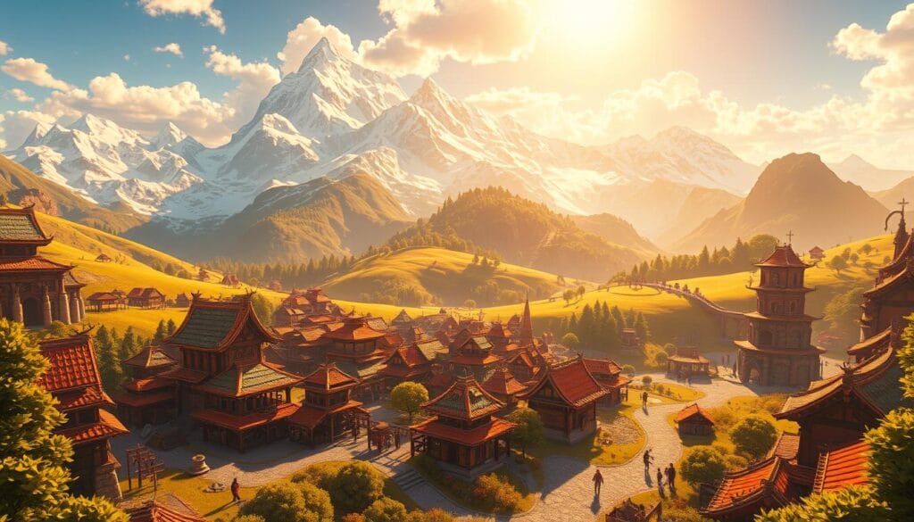 A lush, vibrant world of Genshin Impact, bathed in warm, golden sunlight. A breathtaking landscape unfolds, with towering mountains in the background, their peaks dusted with snow. In the foreground, a bustling town nestled among rolling hills, its colorful buildings and cobblestone streets brimming with life. Intricate, fantasy-inspired architecture blends seamlessly with the natural beauty of the environment. Adventurers explore the world, their figures small but distinct, capturing the sense of scale and adventure. The scene radiates a sense of exploration, discovery, and endless possibilities, perfectly capturing the spirit of a captivating, free-to-play mobile experience.