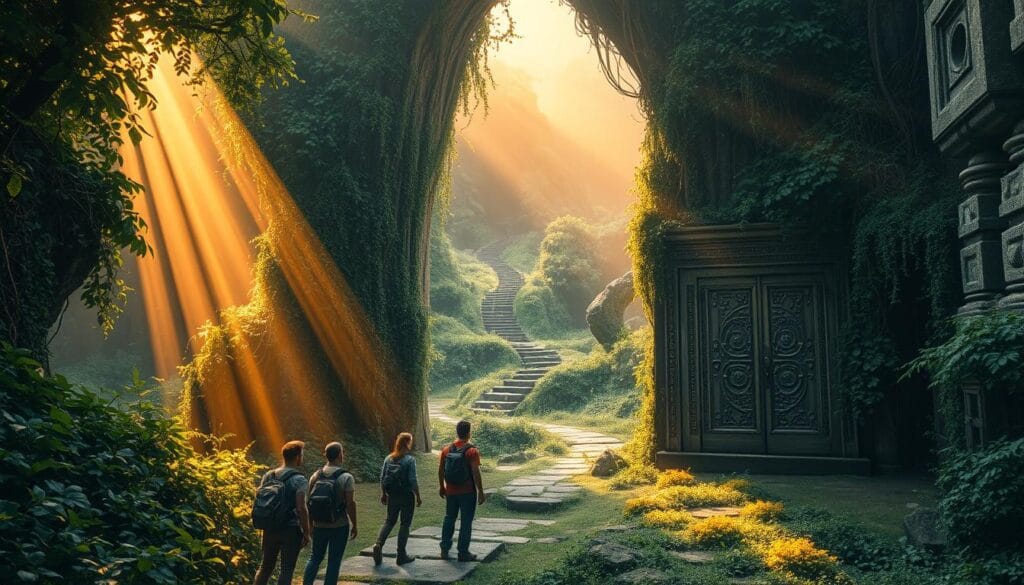 A mystical realm of hidden treasures, a captivating adventure awaits. In the foreground, a group of adventurers stand before a ancient temple, its ornate doors beckoning them inward. Shafts of golden light filter through the lush, overgrown foliage, casting a warm glow on the weathered stone. In the middle ground, a winding path leads deeper into the verdant landscape, hinting at secrets yet to be uncovered. The background is shrouded in a soft, ethereal mist, adding a sense of mystery and wonder. Cinematic lighting and a wide, sweeping camera angle capture the grandeur of this forgotten world, inviting the viewer to step into the shoes of the intrepid explorers and uncover its hidden gems.