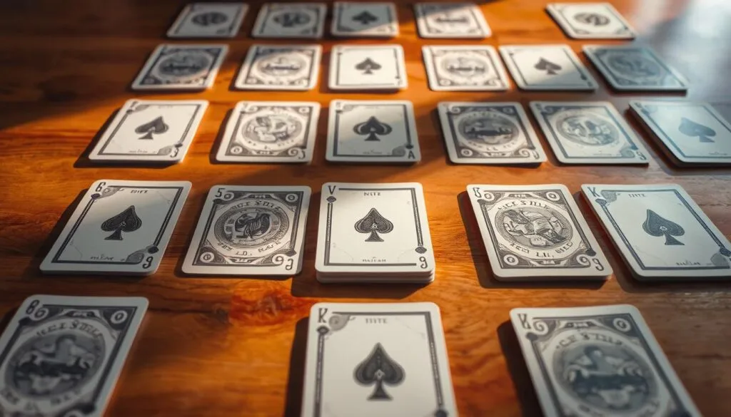 A neatly arranged grid of playing cards, meticulously organized on a smooth, wooden surface. The cards are crisply printed with intricate designs, casting warm, natural shadows that accentuate their textures. Soft, diffused lighting illuminates the scene, creating a sense of tranquility and focus. The perspective is slightly elevated, allowing the viewer to take in the entire setup as if preparing for an engaging game of golf-themed cards. The overall atmosphere exudes a sense of anticipation and the promise of an enjoyable, strategic experience.