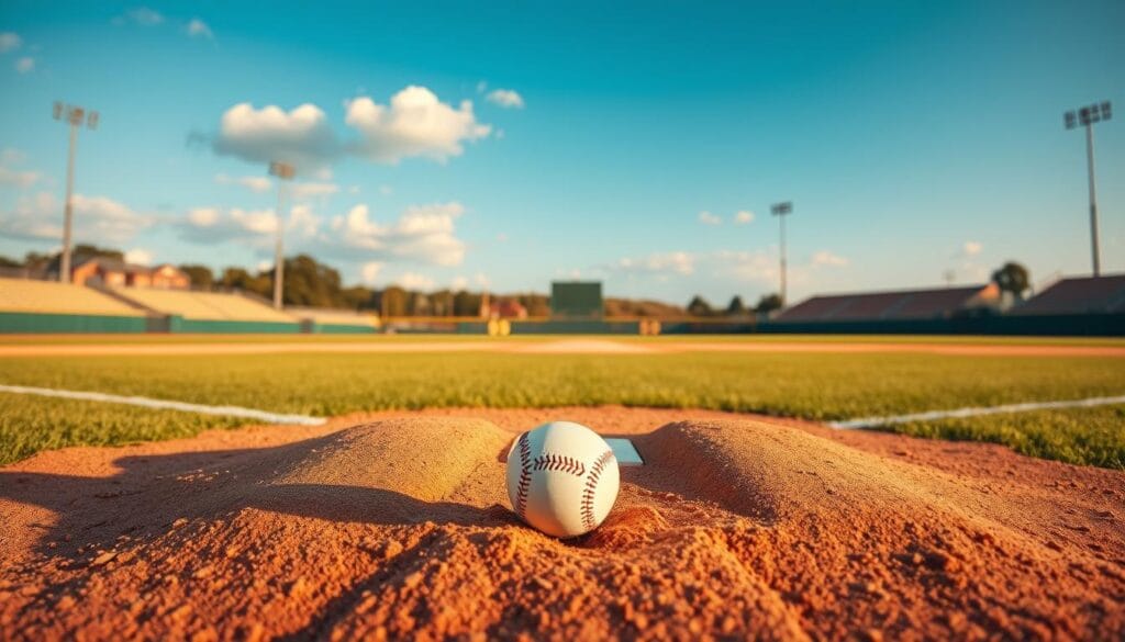 A pristine baseball diamond under a cloudless azure sky, the pitcher's mound and home plate clearly defined. In the foreground, a solitary baseball sits on the mound, its stitches sharply detailed. Bathed in warm, diffused sunlight, the scene exudes a sense of anticipation and perfection. The outfield stretches out, meticulously manicured, with the distant fence lines and scoreboard providing subtle context. The atmosphere is one of tranquility and flawless execution, capturing the essence of a "perfect game" in baseball.
