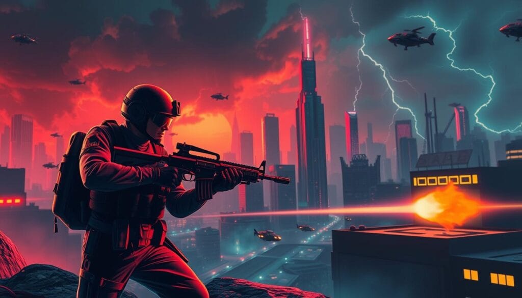 A retro-style mobile game shooter with a dynamic, high-contrast visual aesthetic. A lone soldier in the foreground, wielding a futuristic-looking assault rifle, poised and ready for action. In the middle ground, a gritty, neon-lit cityscape with towering skyscrapers and hovering vehicles, creating a sense of depth and scale. The background is shrouded in a moody, atmospheric haze, with hints of ominous clouds and flashes of lightning, conveying a sense of tension and impending danger. The lighting is a mix of warm, saturated tones and cool, dramatic shadows, adding depth and drama to the scene. The overall mood is one of intense action and high-stakes combat, perfect for a classic mobile shooter game.
