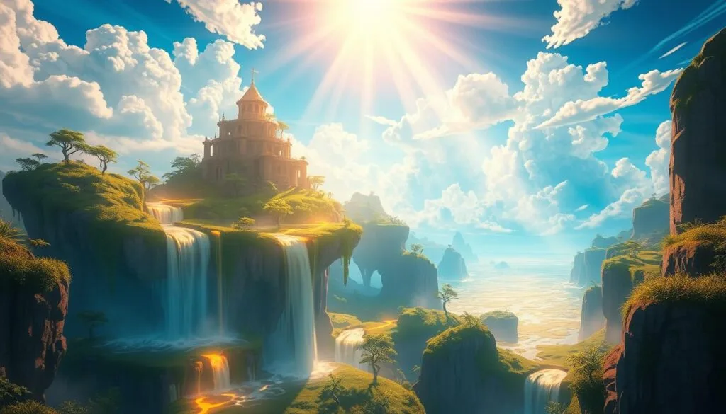 A serene, dreamlike landscape from the game "Sky: Children of the Light". In the foreground, majestic, floating islands dotted with lush vegetation and glowing trails. Cascading waterfalls flow peacefully, their luminous waters reflecting the warm, golden light. Wispy, ethereal clouds drift across a vibrant, azure sky, imbuing the scene with a sense of tranquility and wonder. Radiant beams of light pierce through, illuminating the vibrant, whimsical world. A sense of adventure and artful exploration pervades the immersive, captivating atmosphere.